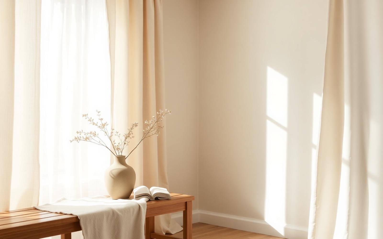 A softly lit corner with a stoneware vase, linen throw and open book